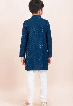 Embroidered Viscose Rayon Kurta Set in Teal Blue