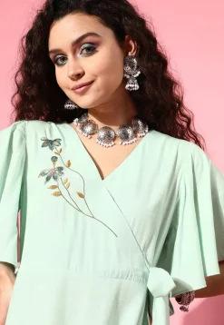 Embroidered Viscose Rayon Jacquard Sheath Dress in Pastel Green