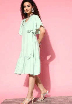 Embroidered Viscose Rayon Jacquard Sheath Dress in Pastel Green