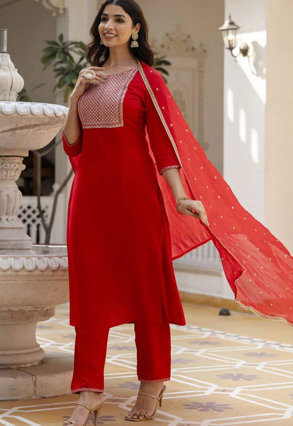 Embroidered Viscose Rayon Pakistani Suit in Red