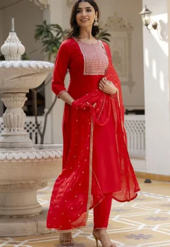 Embroidered Viscose Rayon Pakistani Suit in Red