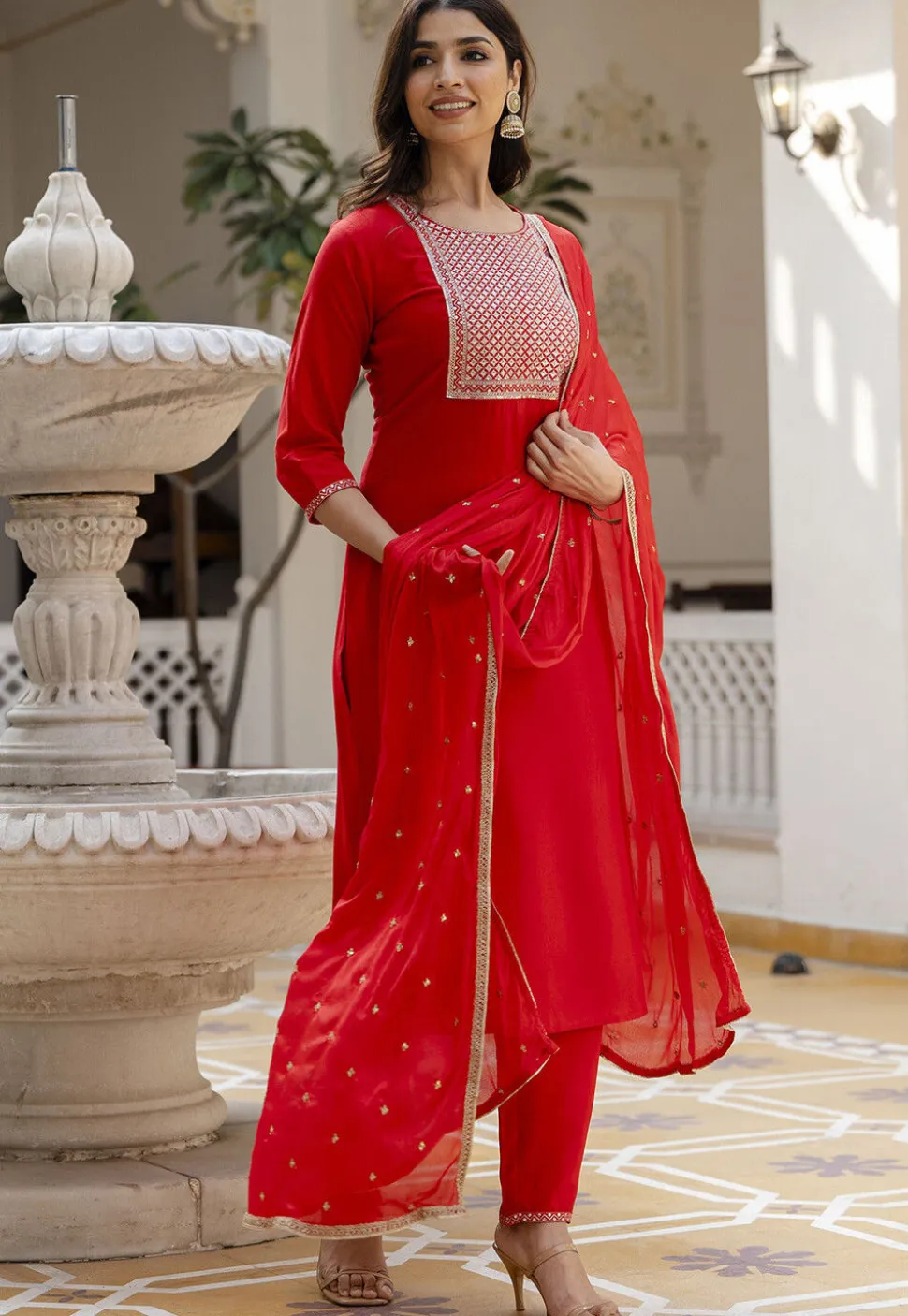 Embroidered Viscose Rayon Pakistani Suit in Red