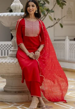 Embroidered Viscose Rayon Pakistani Suit in Red