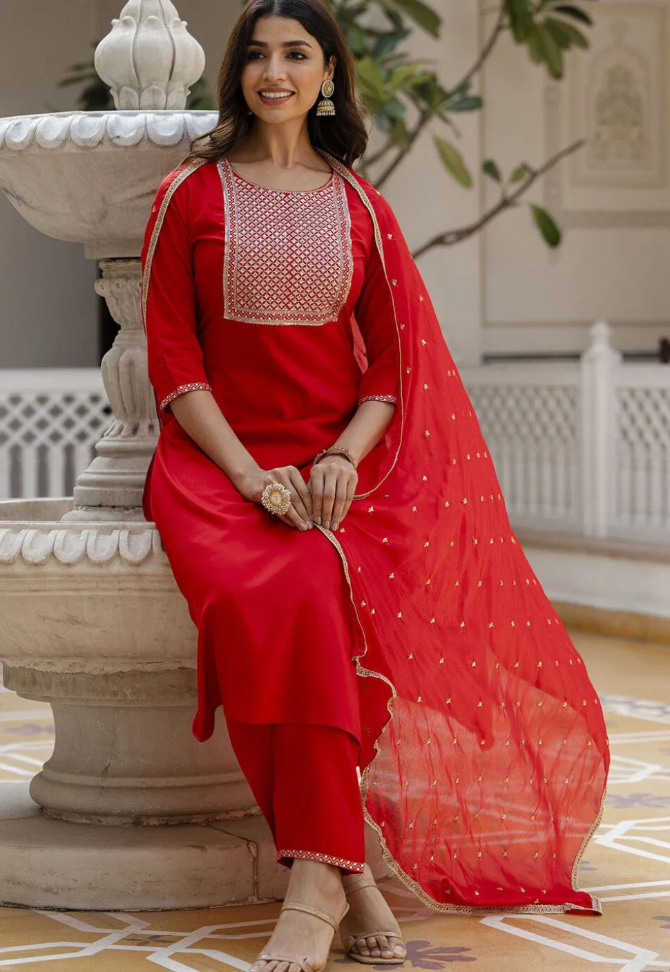 Embroidered Viscose Rayon Pakistani Suit in Red