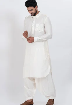 Embroidered Viscose Rayon Paithani Suit in Off White