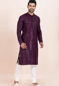 Embroidered Viscose Rayon Kurta Set in Violet