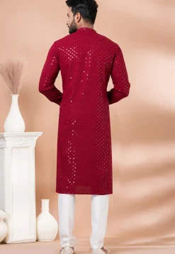 Embroidered Viscose Rayon Kurta Set in Red