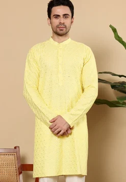 Embroidered Viscose Rayon Kurta in Yellow