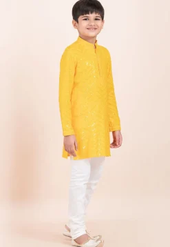 Embroidered Viscose Rayon Kurta Set in Yellow