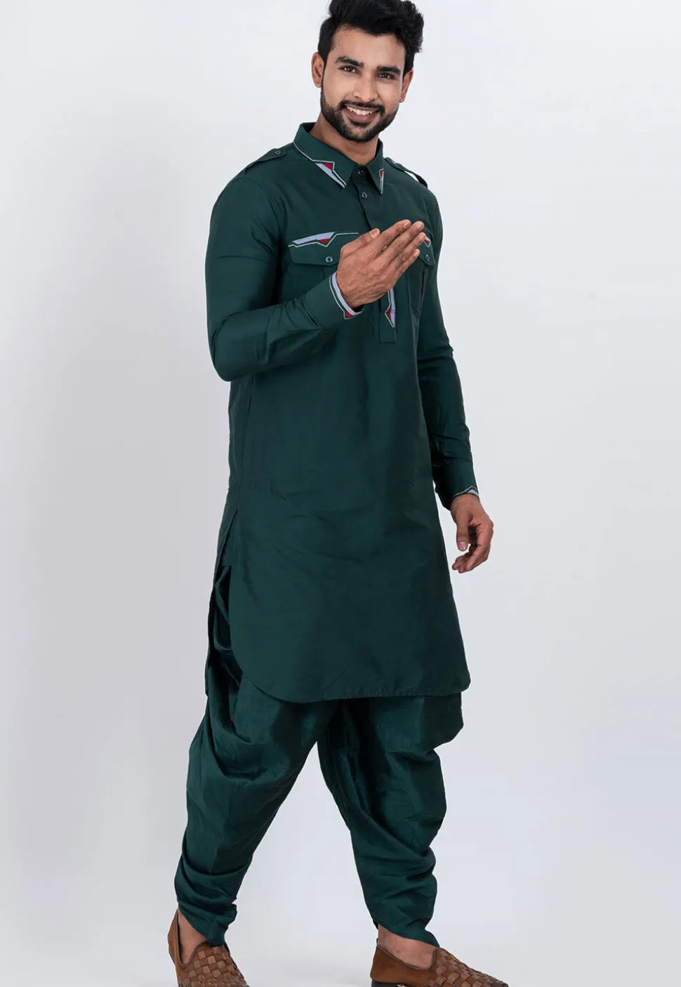 Embroidered Viscose Rayon Paithani Suit in Dark Teal Green