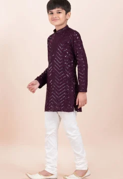 Embroidered Viscose Rayon Kurta Set in Wine