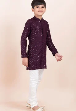 Embroidered Viscose Rayon Kurta Set in Wine
