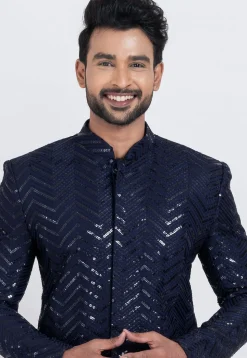 Embroidered Viscose Rayon Sherwani in Navy Blue