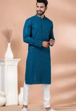 Embroidered Viscose Rayon Kurta Set in Teal Blue