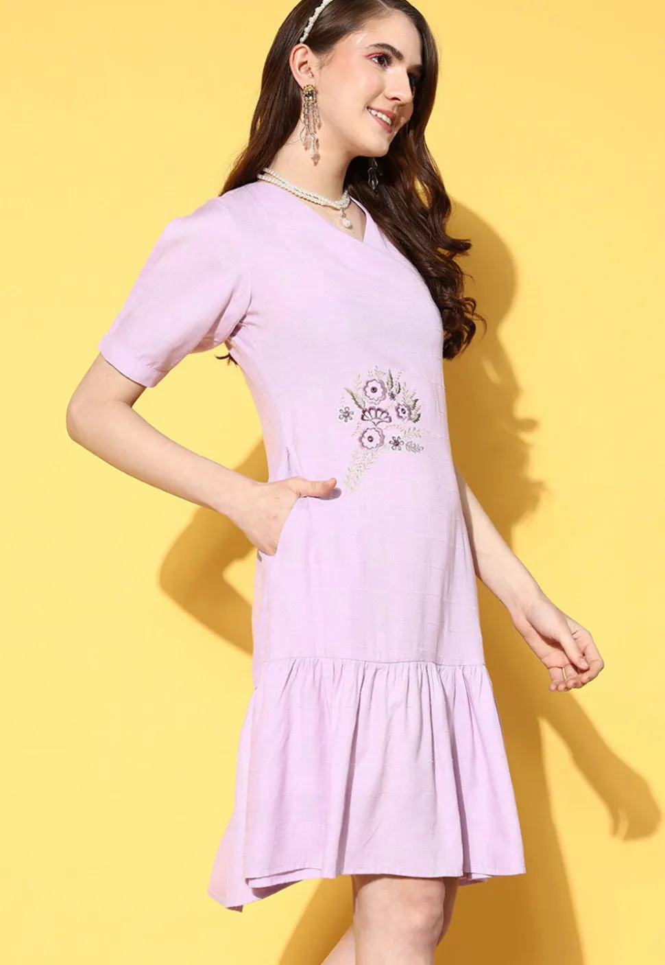 Embroidered Viscose Rayon Jacquard Sheath Dress in Light Purple
