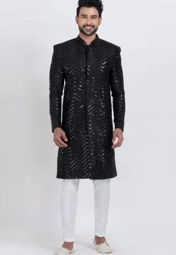 Embroidered Viscose Rayon Sherwani in Black