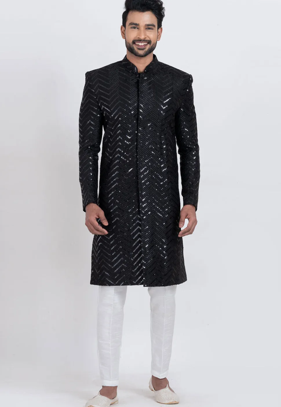 Embroidered Viscose Rayon Sherwani in Black