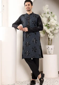 Embroidered Viscose Rayon Kurta Set in Black