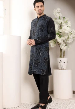 Embroidered Viscose Rayon Kurta Set in Black