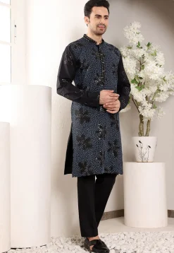 Embroidered Viscose Rayon Kurta Set in Black