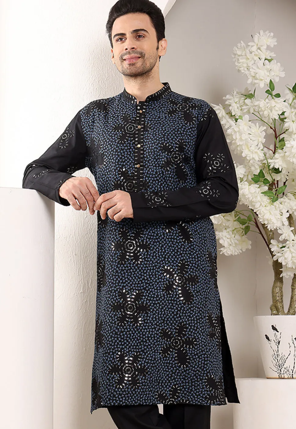 Embroidered Viscose Rayon Kurta in Black