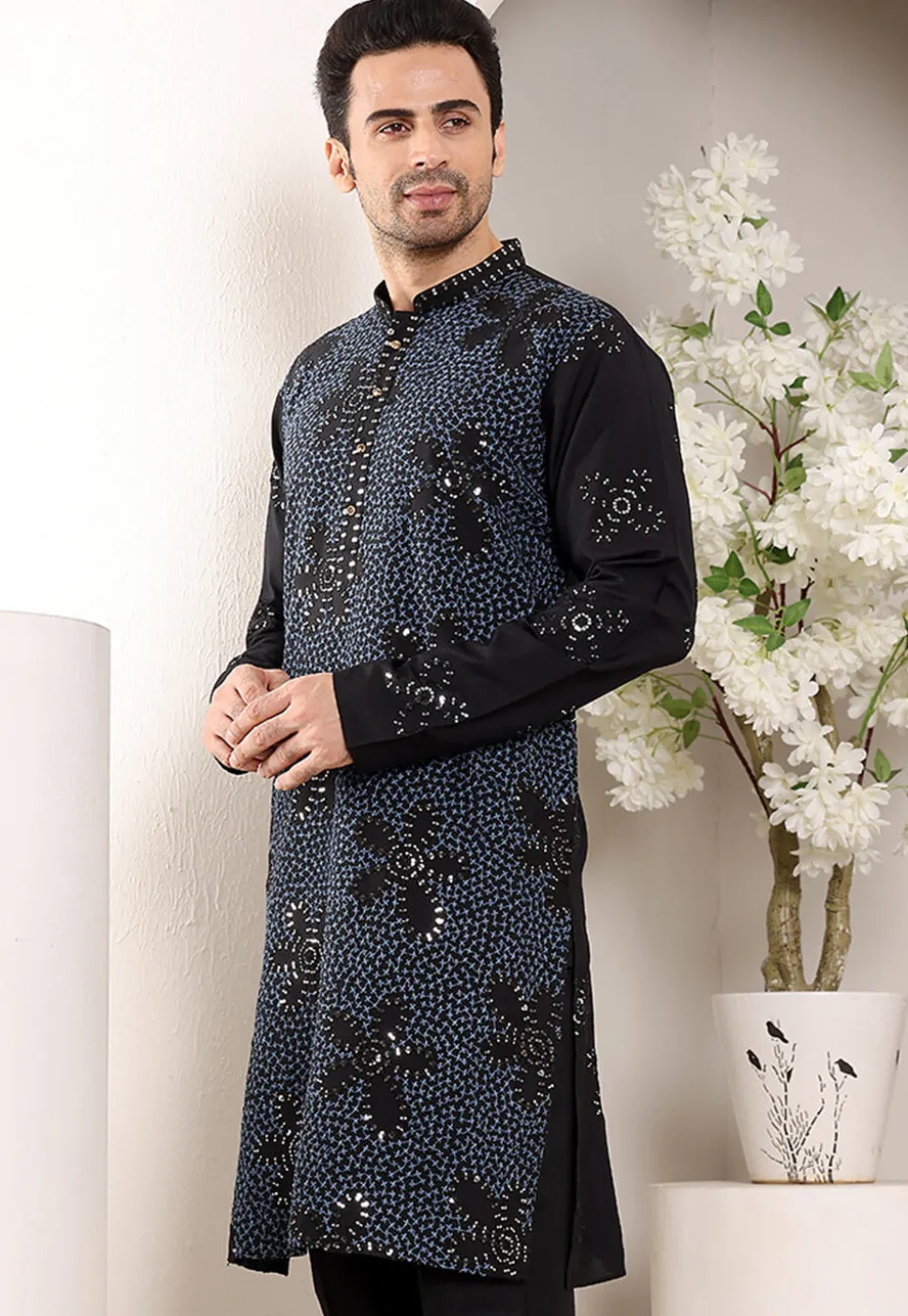 Embroidered Viscose Rayon Kurta in Black