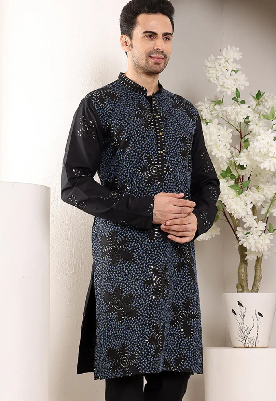 Embroidered Viscose Rayon Kurta in Black