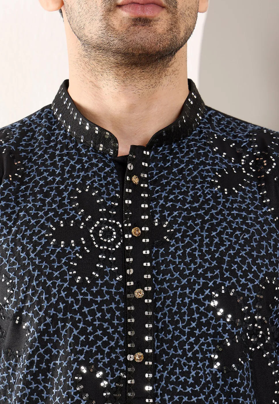 Embroidered Viscose Rayon Kurta in Black