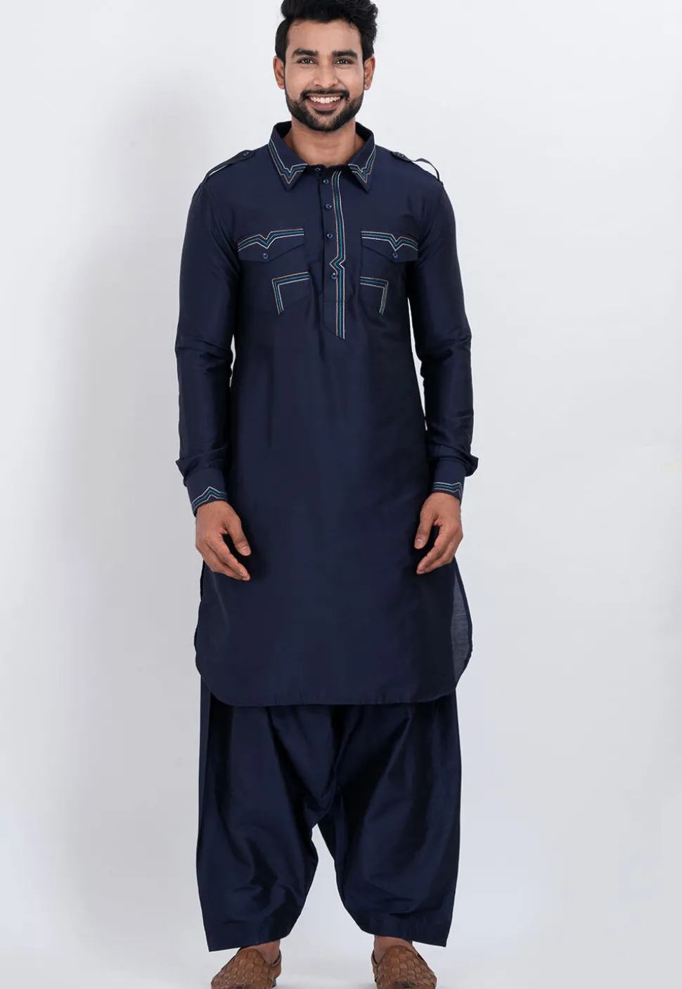 Embroidered Viscose Rayon Paithani Suit in Navy Blue