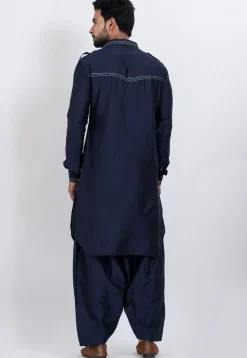 Embroidered Viscose Rayon Paithani Suit in Navy Blue