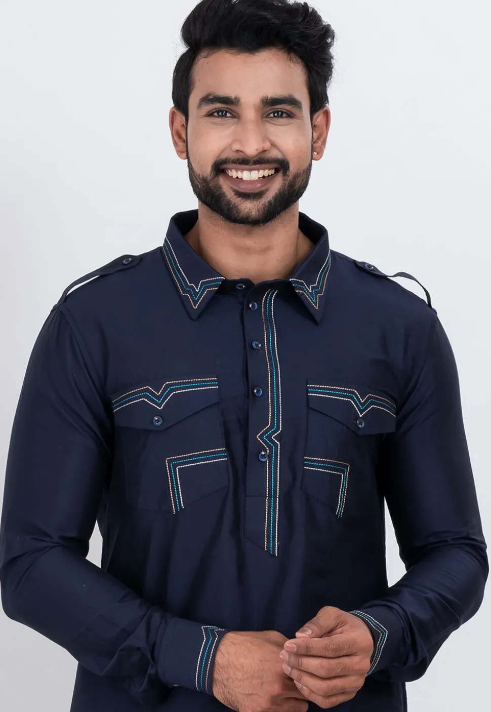 Embroidered Viscose Rayon Paithani Suit in Navy Blue