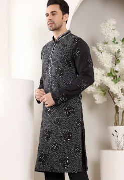 Embroidered Viscose Rayon Kurta in Black