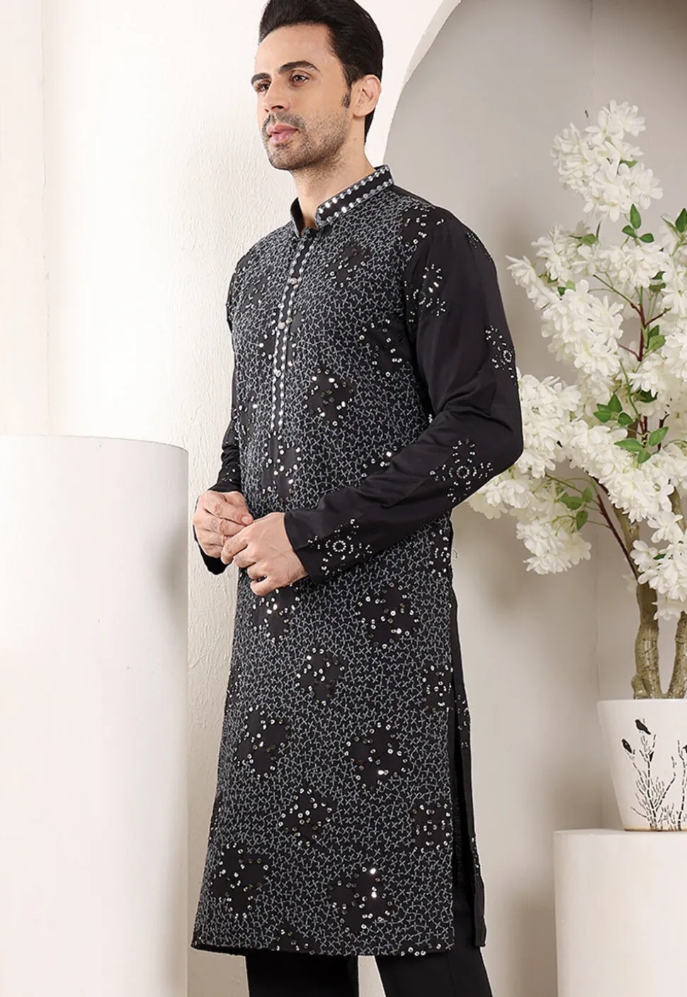 Embroidered Viscose Rayon Kurta in Black
