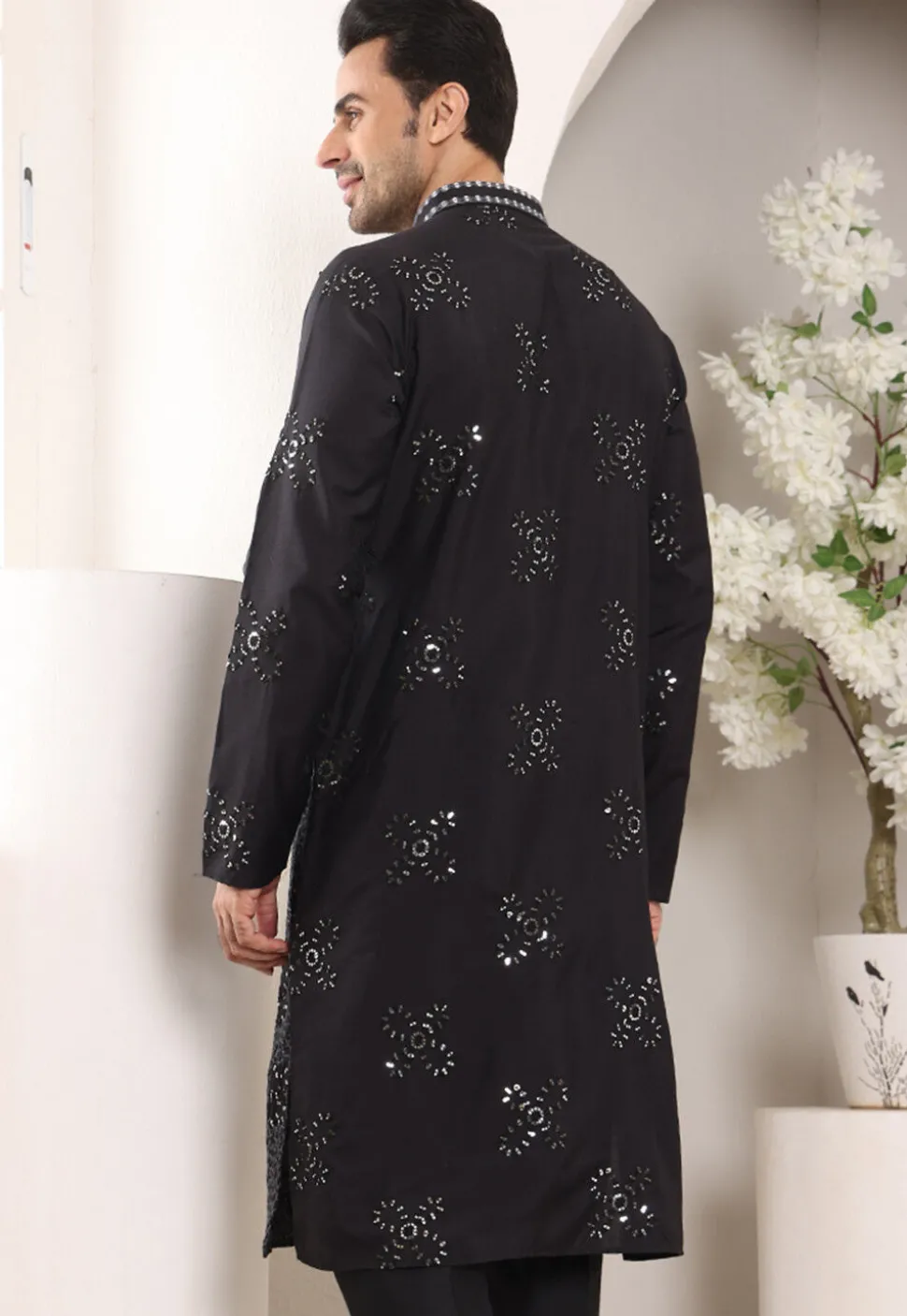 Embroidered Viscose Rayon Kurta in Black