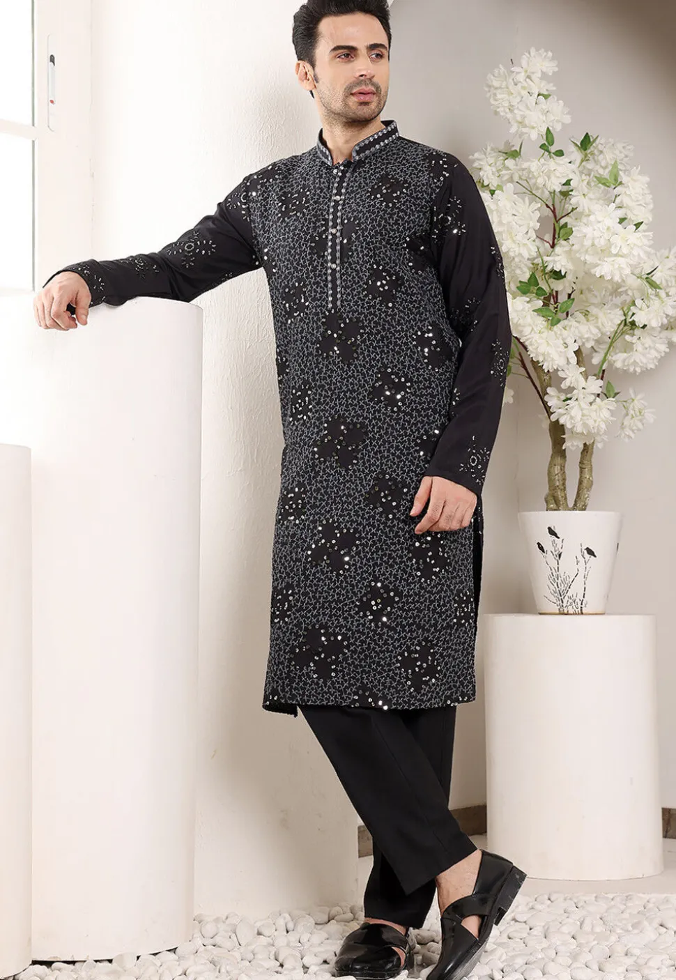 Embroidered Viscose Rayon Kurta in Black