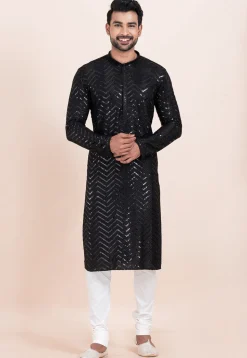 Embroidered Viscose Rayon Kurta Set in Black