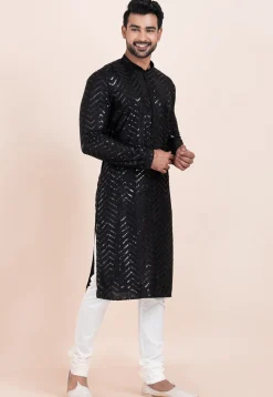 Embroidered Viscose Rayon Kurta Set in Black