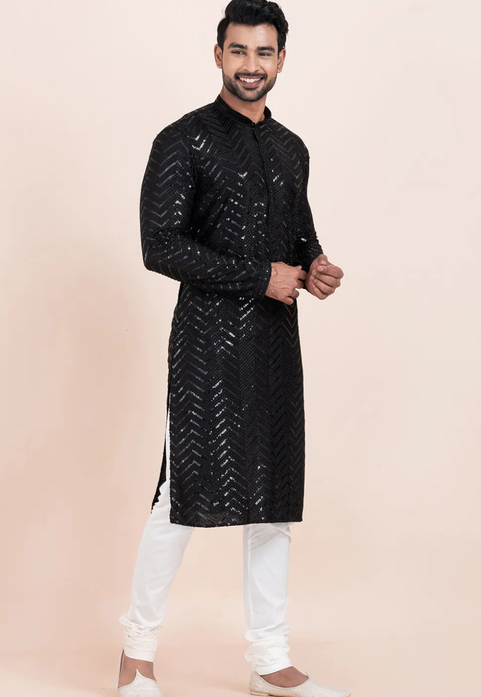 Embroidered Viscose Rayon Kurta Set in Black
