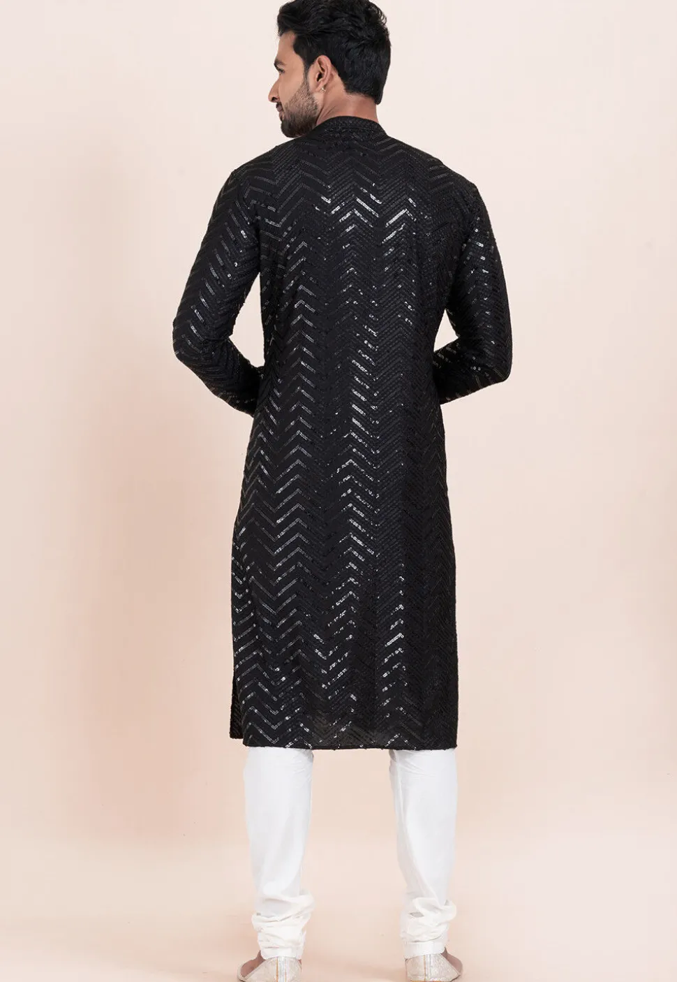 Embroidered Viscose Rayon Kurta Set in Black