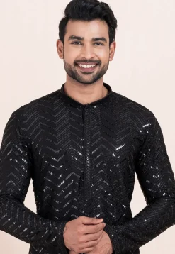 Embroidered Viscose Rayon Kurta Set in Black