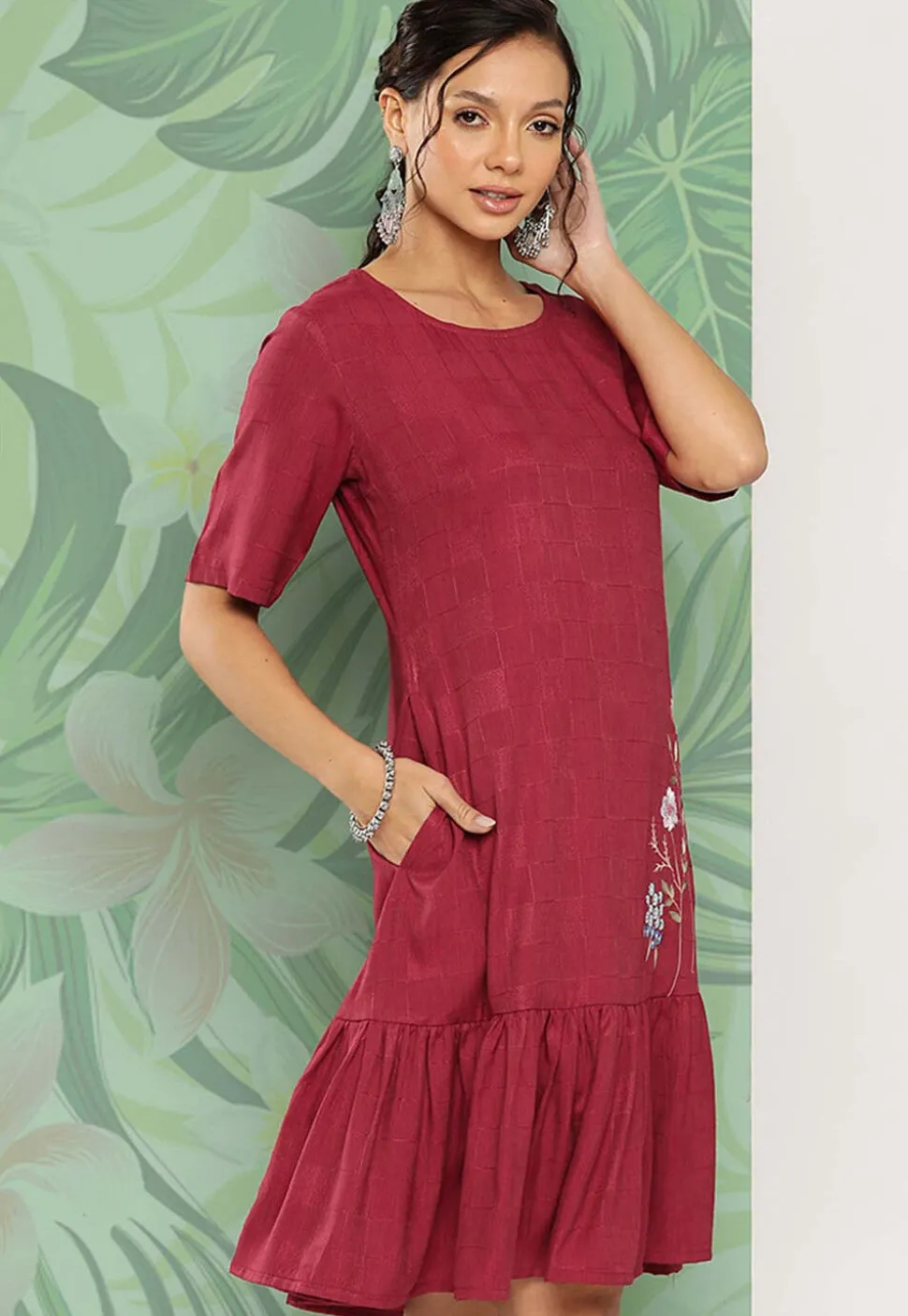 Embroidered Viscose Rayon Ruffled Dress in Maroon