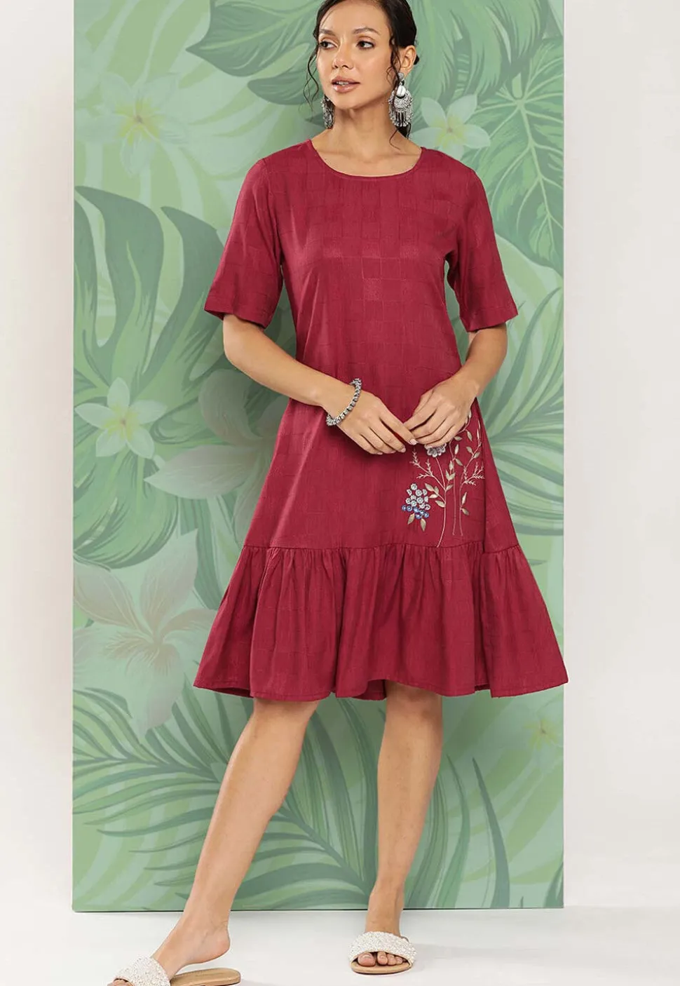 Embroidered Viscose Rayon Ruffled Dress in Maroon