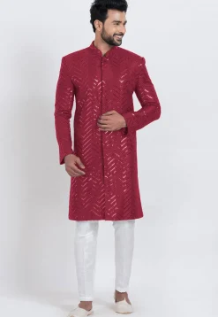 Embroidered Viscose Rayon Sherwani in Red