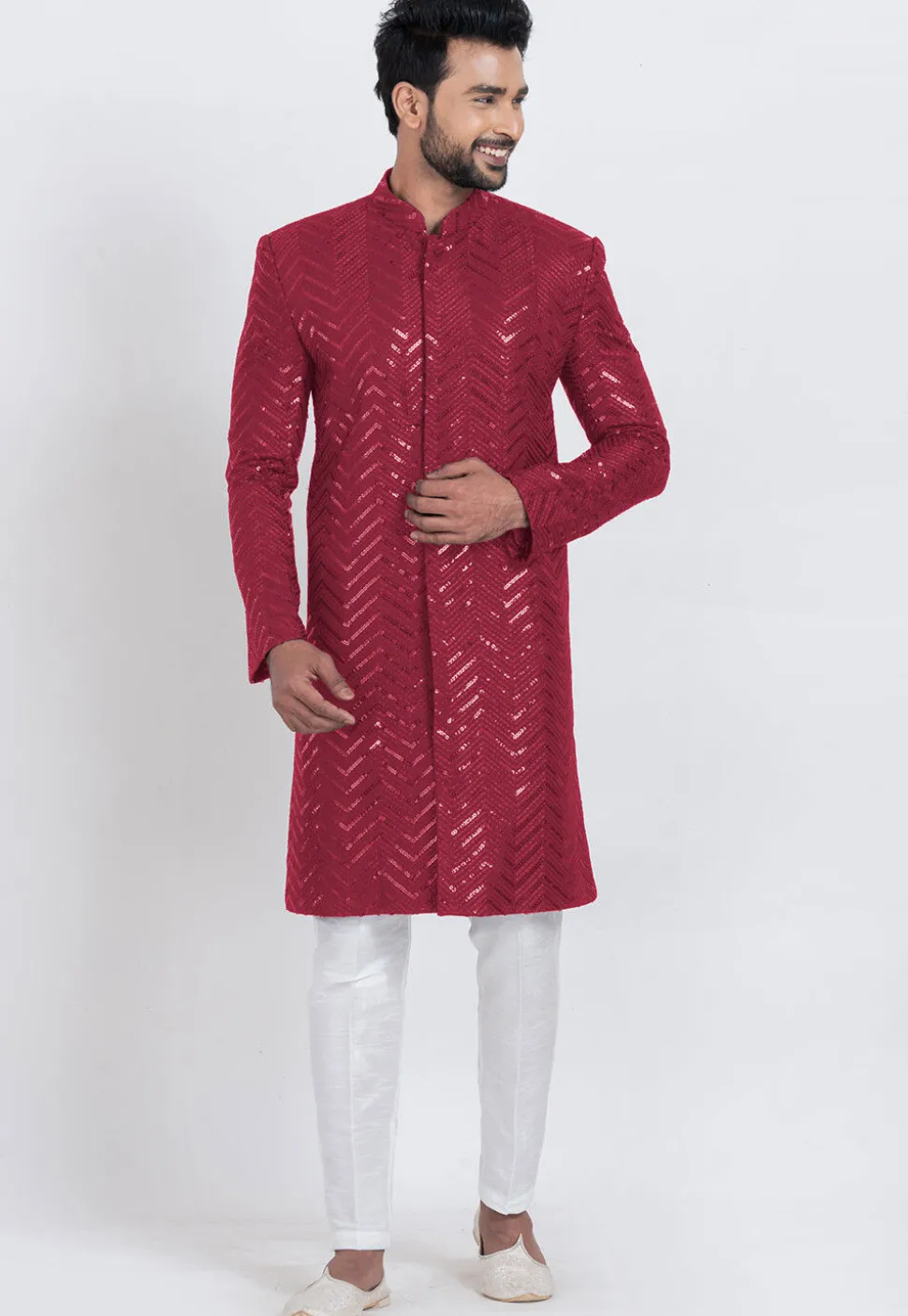 Embroidered Viscose Rayon Sherwani in Red