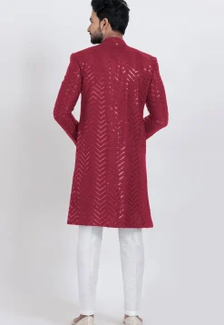 Embroidered Viscose Rayon Sherwani in Red