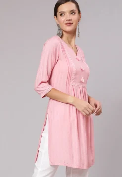 Embroidered Viscose Rayon Tunic in Pink