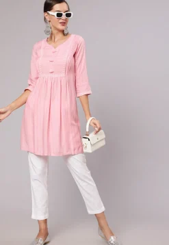Embroidered Viscose Rayon Tunic in Pink