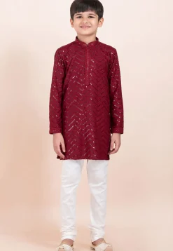 Embroidered Viscose Rayon Kurta Set in Maroon