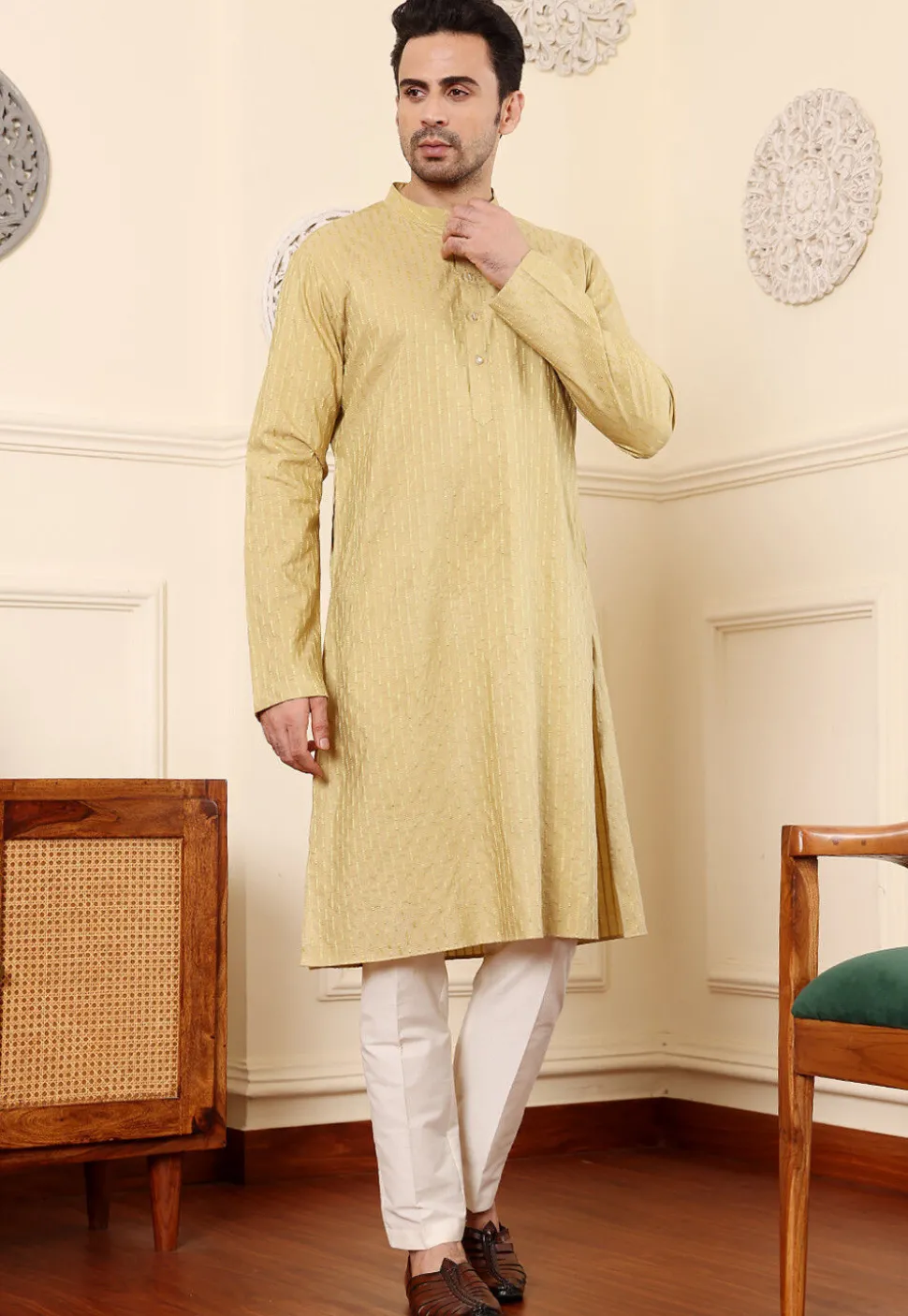 Embroidered Viscose Rayon Kurta in Beige