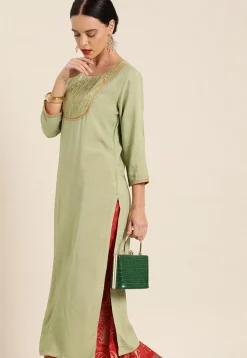 Embroidered Viscose Rayon Straight Kurta in Light Olive Green
